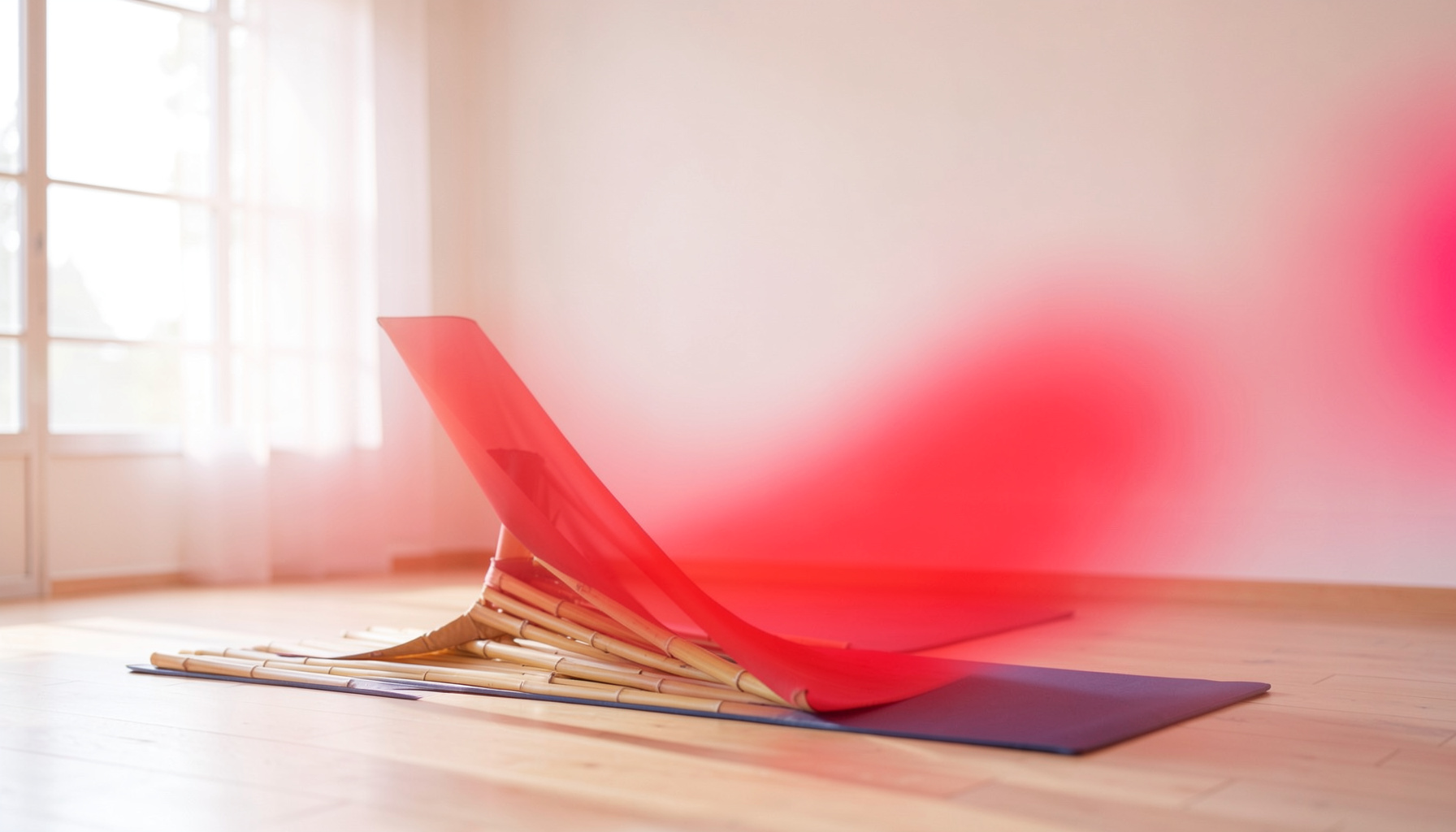 A serene yoga studio scene with soft natural light and a bamboo wrap draped over a mat