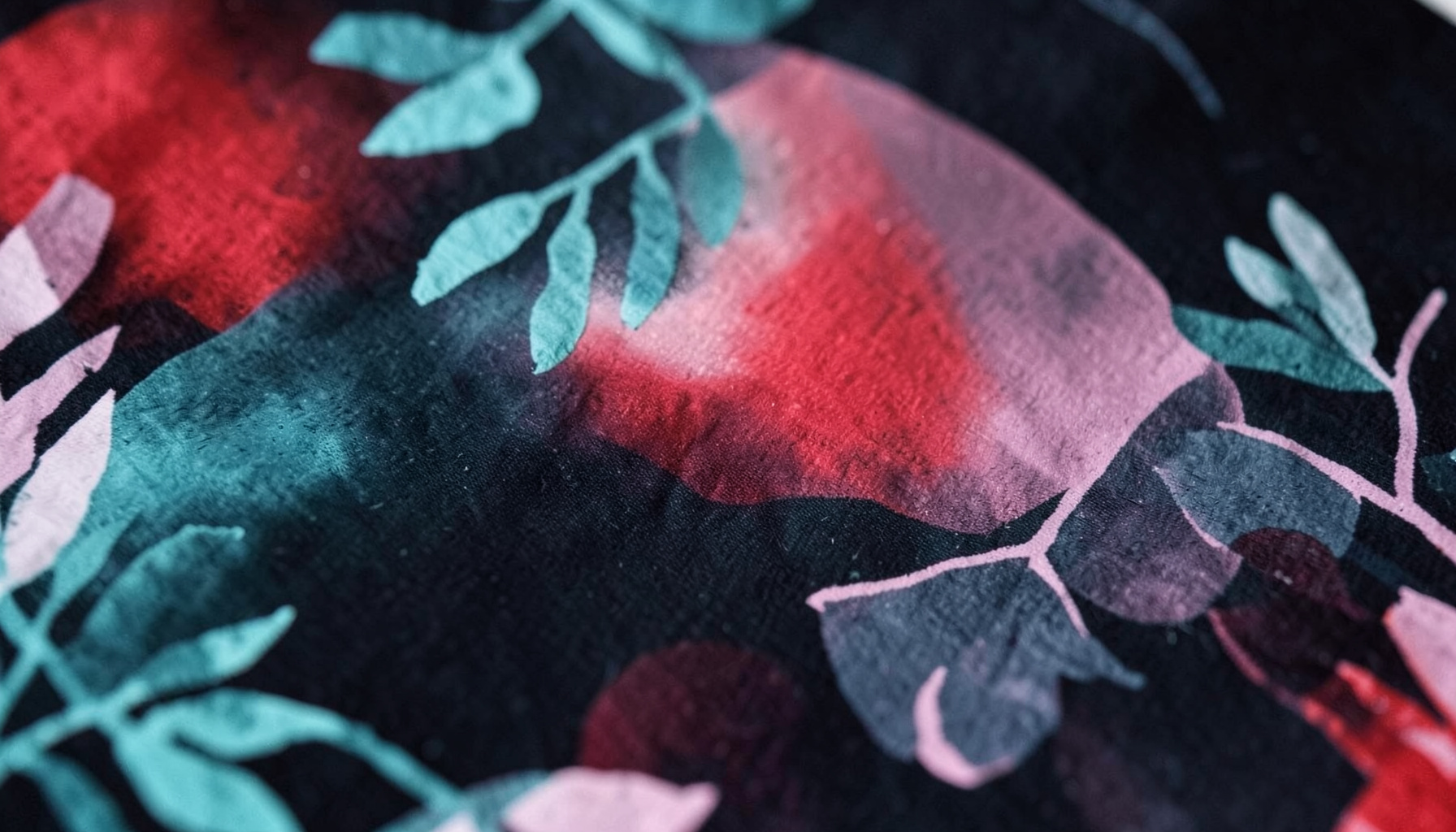 A close-up of hand-printed fabric with botanical motifs in teal and soft pink on a dark background