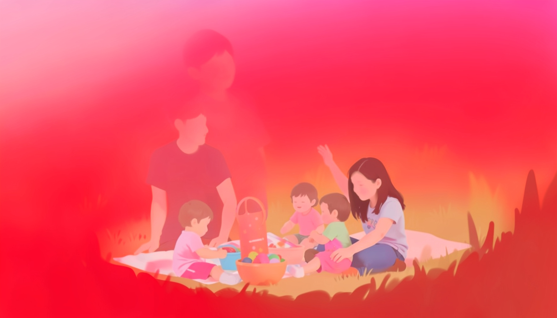A family picnic in a meadow, a parent wearing a soft organic cotton tee while children play nearby