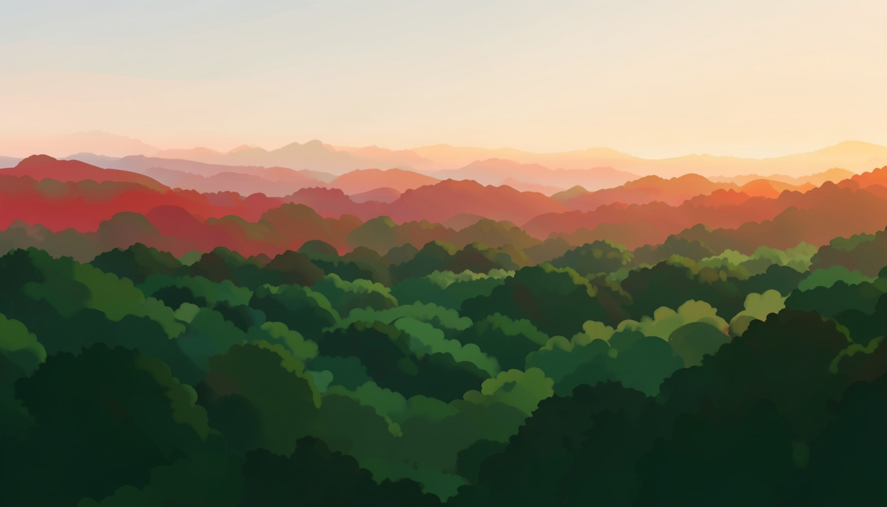 A wide, atmospheric landscape of dense green forest canopy stretching to the horizon under soft morning light, conveying conservation and natural beauty