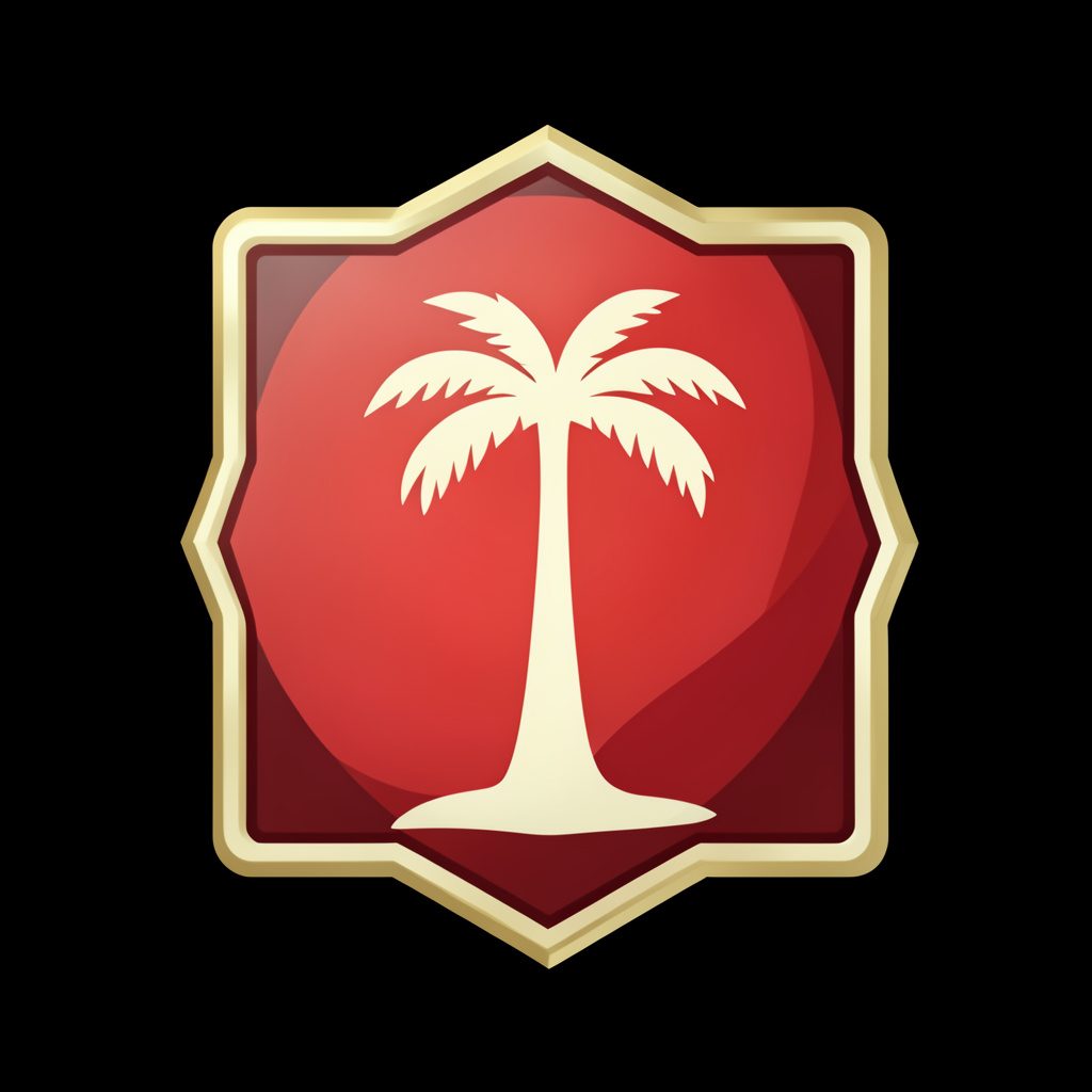 Guilded frame and palm tree emblem with large text, vintage badge style in cream and gold tones on black
